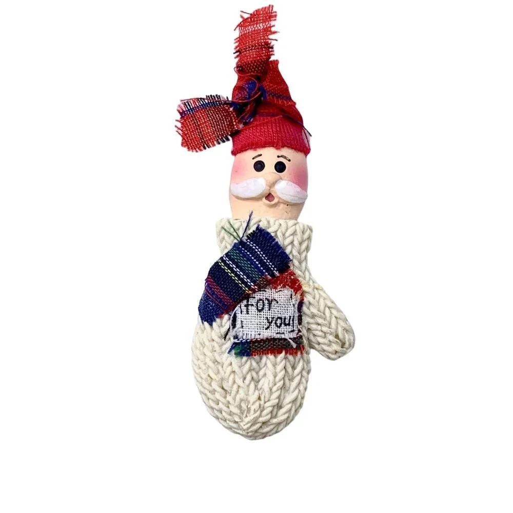 Santa Handmade Mitten Hand Brooch Pin “For You” Christmas Folk Art Mustache